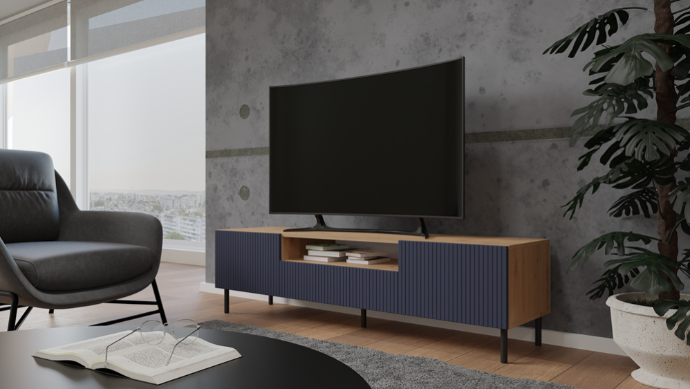 Meuble TV 160 Cm Moderne - 3 Portes, étagère - Couleur Naturel Et Blanc - Panneau E1, Structure Solide - Pour Salon, Rangement Multimédia - 8