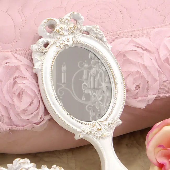 Specchio a Mano Con Fiocco Stile Shabby Chic Colore Bianco Anticato 9x20
