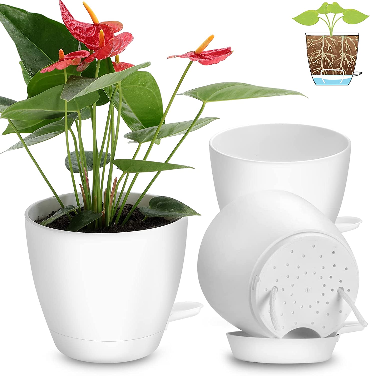 7.5 pouces Pot de fleur intérieur automatique arrosoir avec trou de vidange  conteneur d'eau décoration de jardin à la maison