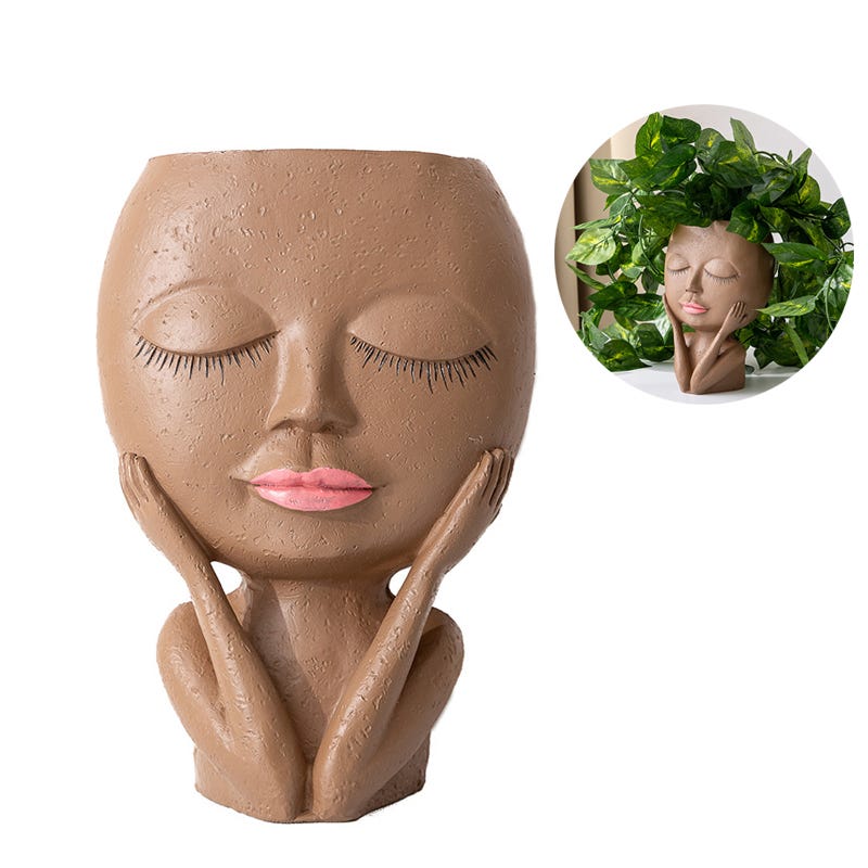 Pot de fleurs unique avec visage et yeux fermés - Pot en résine