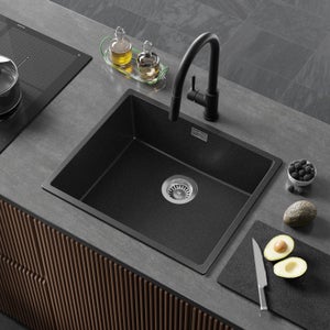 Lavello multifunzione in granito nero metallizzato, 76 x 47 cm, lavello a 1  vasca + kit di scarico + accessori, lavello da incasso di Primagran