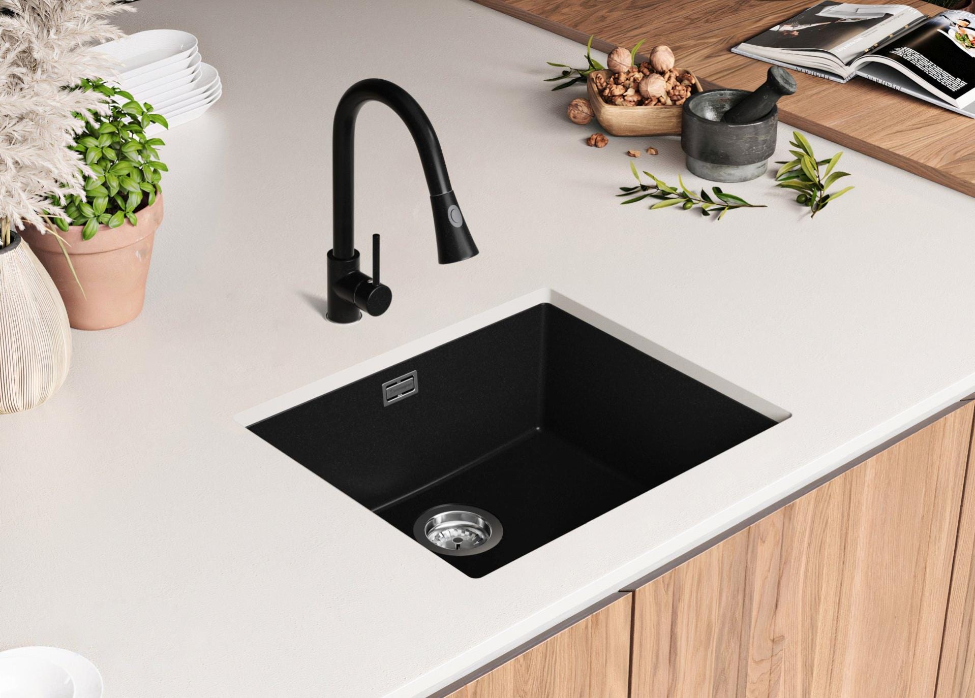 Evier de cuisine granit rond Noir 51x51 + siphon – ANW HOME Evier de cuisine granit rond Noir 51x51 + siphon – ANW HOME