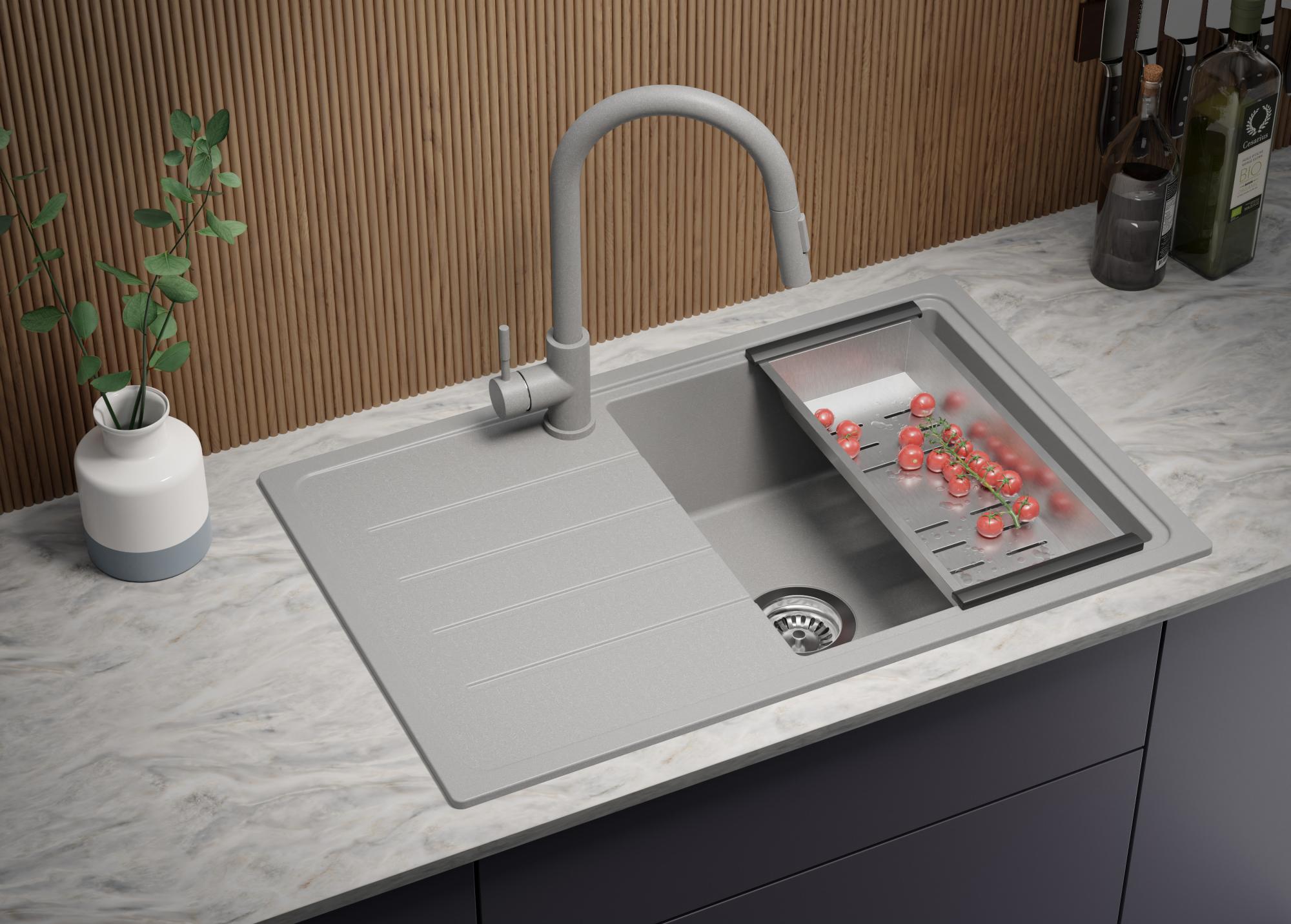 VBChome Fregadero de granito, 77 x 44 cm, color gris, con
