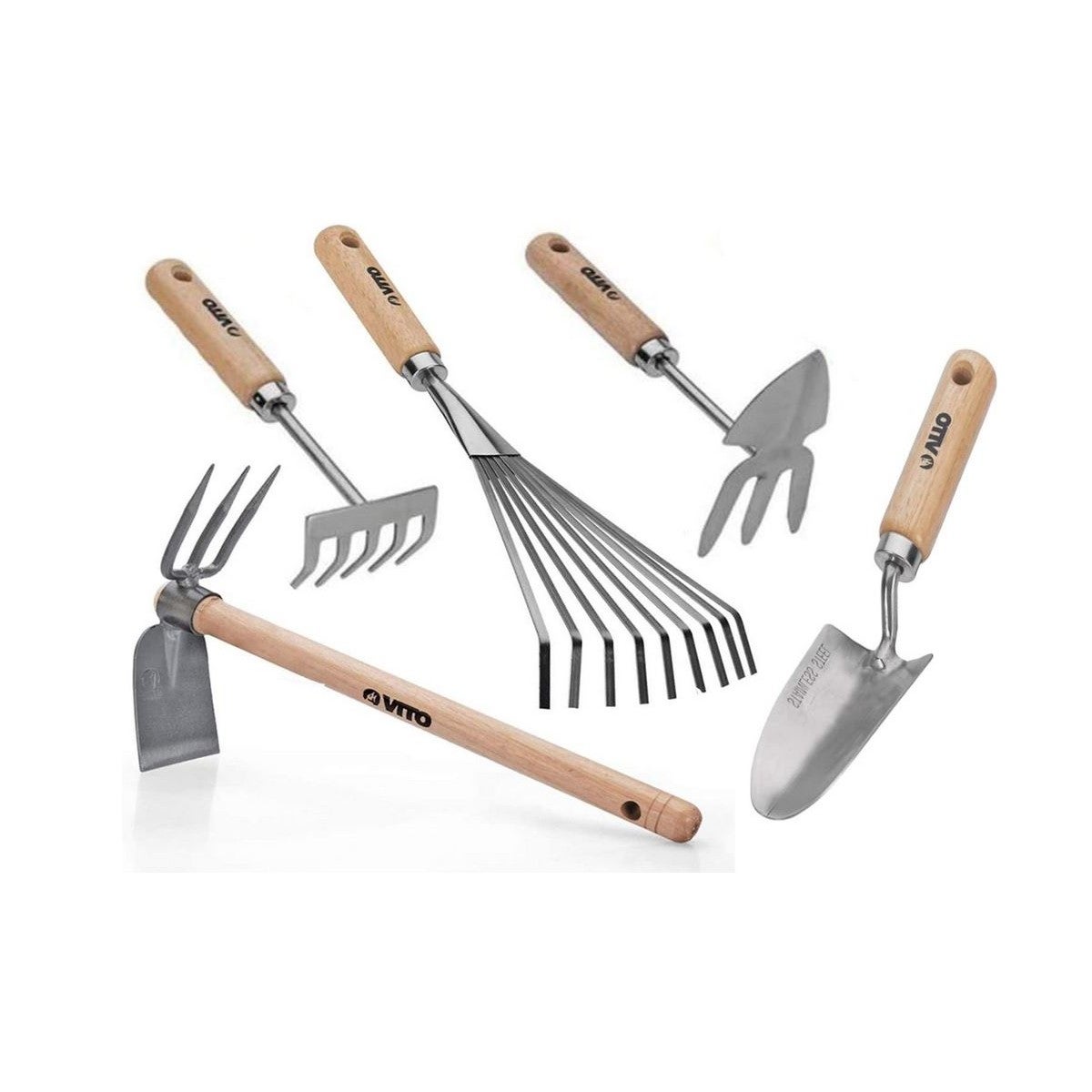Kit 5 outils de jardin Manche bois Inox et Fer forgés à la main haute  qualité traditionnelle VITO