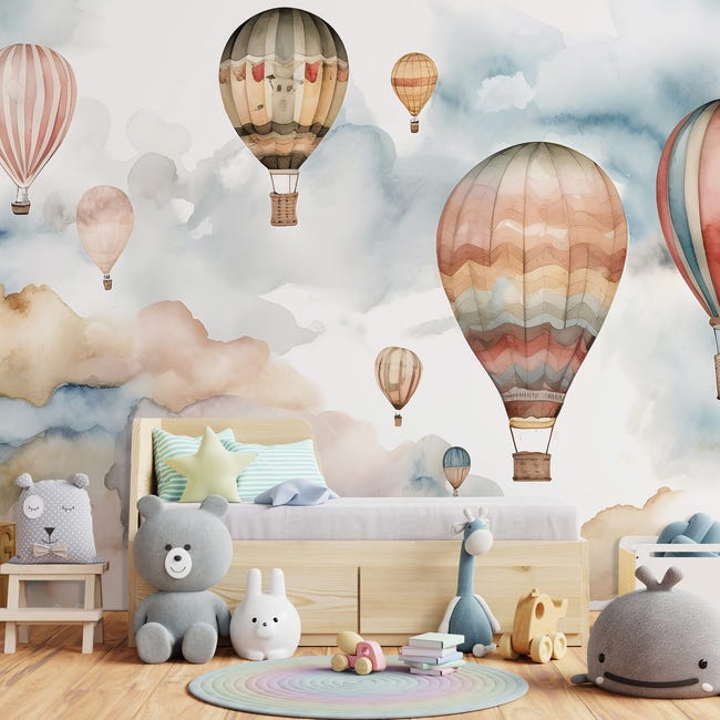 Papier Peint Enfant Ballons Nuages Pastel Intissé Panoramique 416x254 cm -  Colle Inclus - Chambre Enfant - Moderne Trompe l'oeil