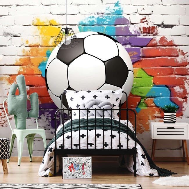 Papier Peint Enfant Intissé Panoramique Football Grafitti 368x254 cm -  Colle Inclus - Chambre Enfant - Moderne Trompe l'oeil