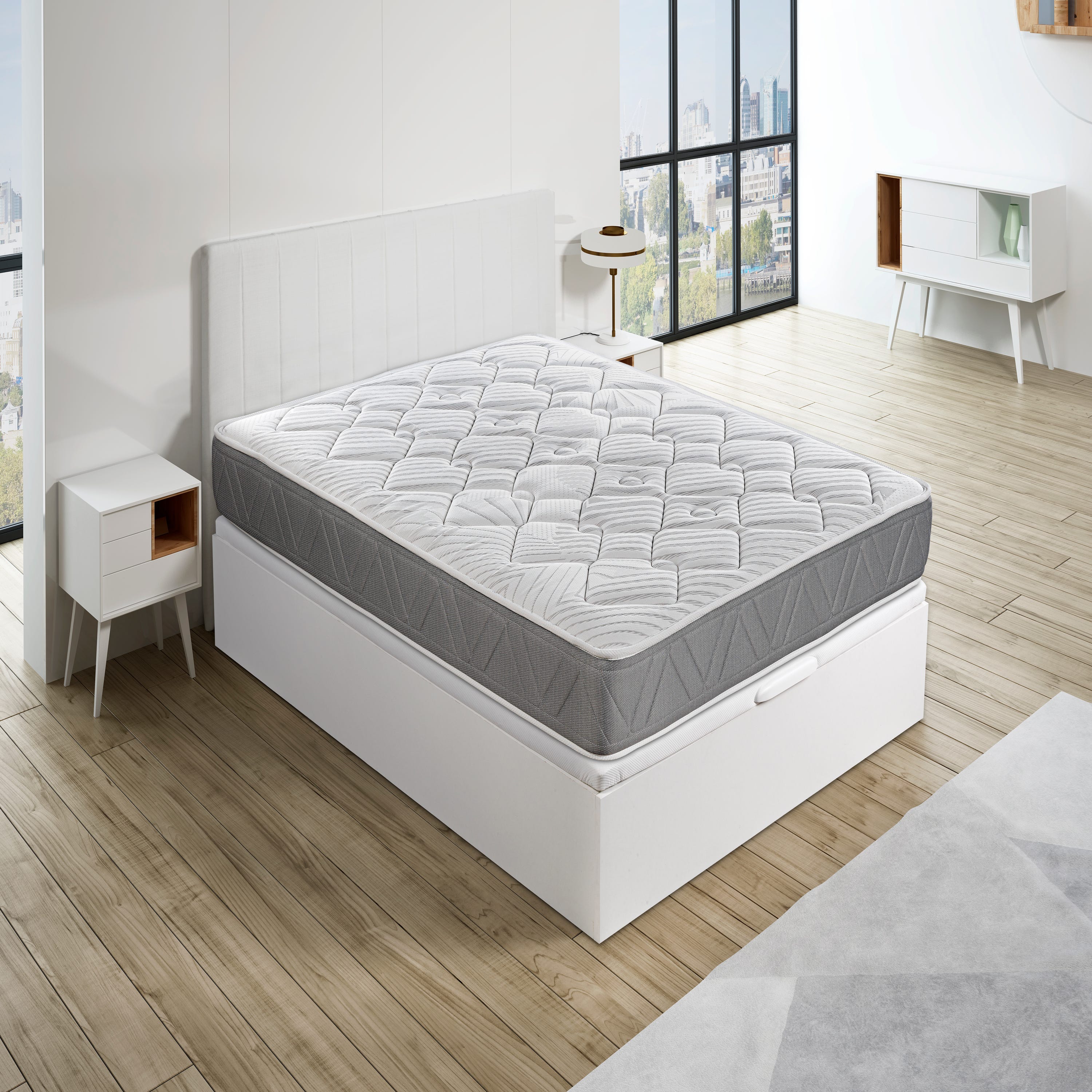 Canapé Abatible Royal Sleep Color Blanco, Montaje en el domicilio incluido,  Fácil apertura y gran capacidad, Tapa 3D transpirable, 135x190
