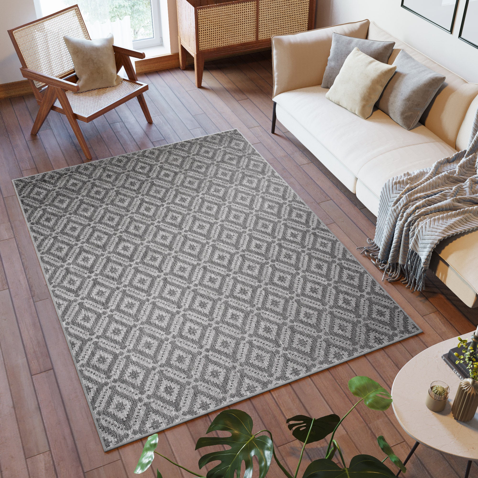 TAPISO Tappeto Capri per Esterno e Interno Cucina Terrazza Geometrico  Piccoli Rombi a Scacchi Sotille Grigio Scuro 140 x 200 cm