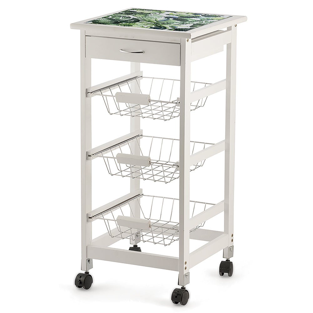 Carrello da cucina in legno bianco portafrutta piano in vetro decoro foglie  con ruote e cassetti salvaspazio 37x37