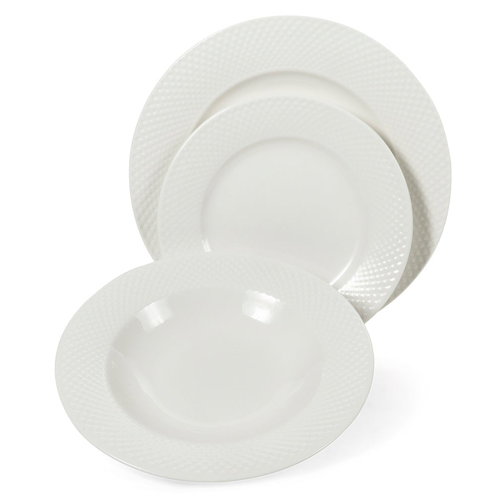 Servizio 18 piatti in porcellana bianca con bordo in rilievo 6 posti tavola  Blanco