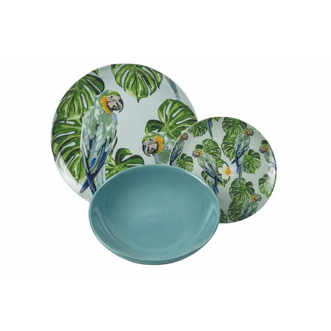 Servizio set di piatti in porcellana decorata 6 posti 18 pezzi Parrot  Jungle