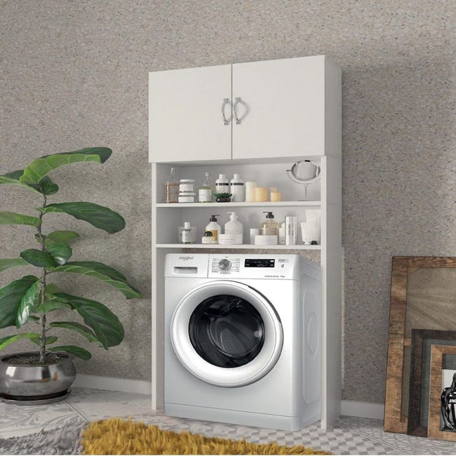 Meuble de machine à laver blanc avec portes et étagères
