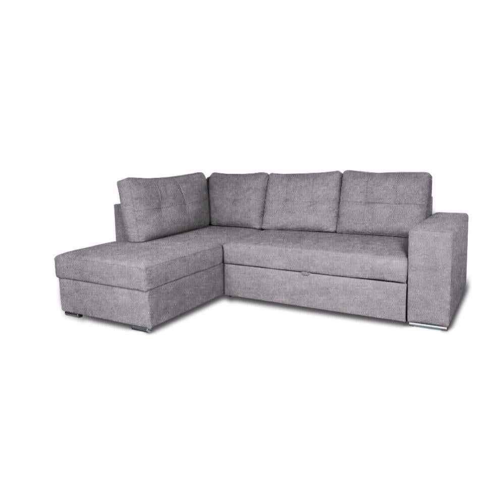 Divano Letto Con Penisola Destra In Tessuto Grigio | 254x193x88 Cm | Con Pouf E Contenitore
