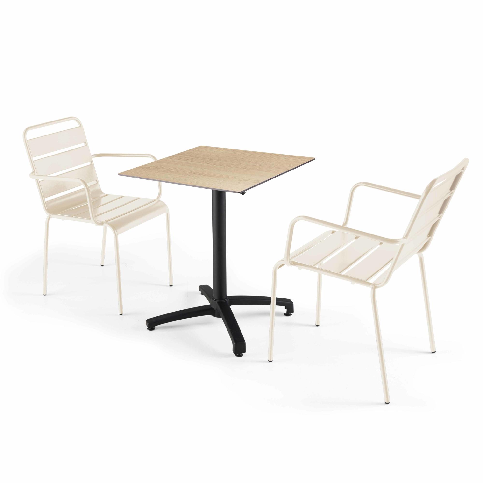 Ensemble table de jardin stratifié en chene et 2 fauteuils ivoire