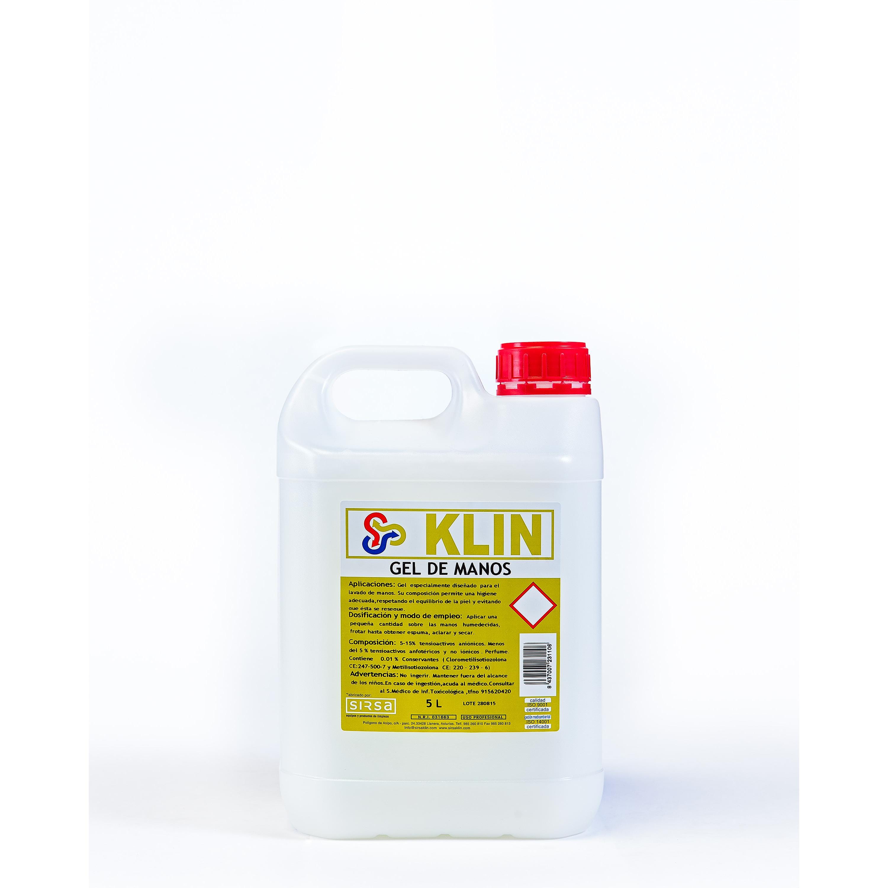 KLIN gel de manos Limpia y protege la piel. Jabón con agradable perfume.  Sus componentes son respetuosos con el medio ambiente. 5 Litros