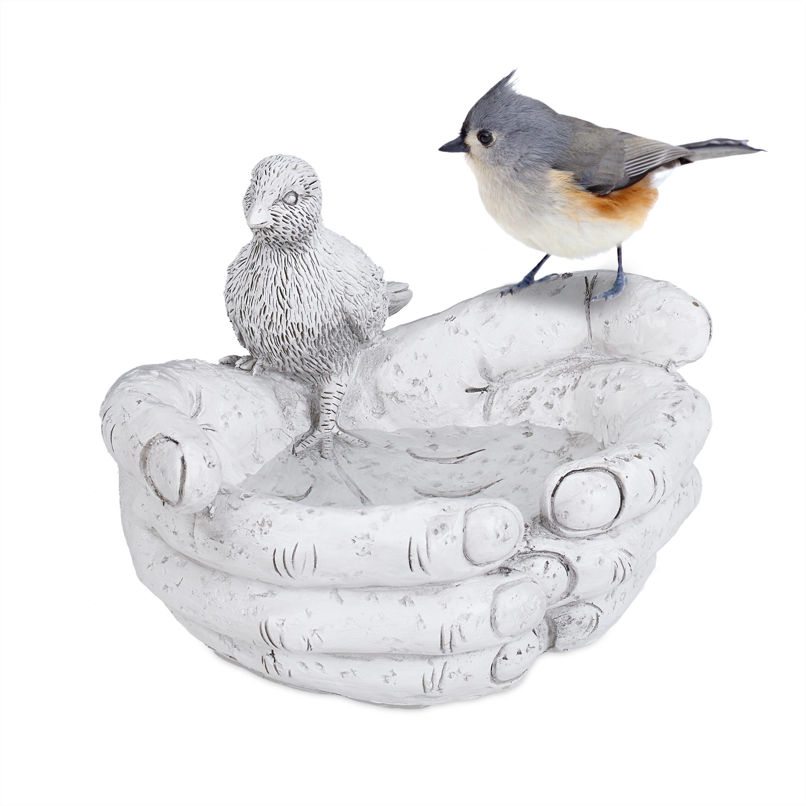 Relaxdays Abreuvoir à oiseau, mains ouvertes, bassin pour nourriture et eau  des oiseaux sauvages, fontaine, blanc/gris