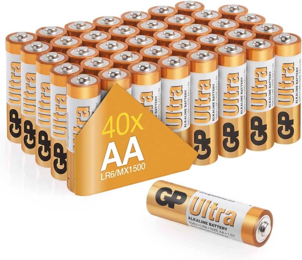 Piles AA - Lot de 40 Piles, GP Ultra, Batteries Alcalines AA LR6 1,5v, Longue durée, très puissantes, utilisation quotidienne