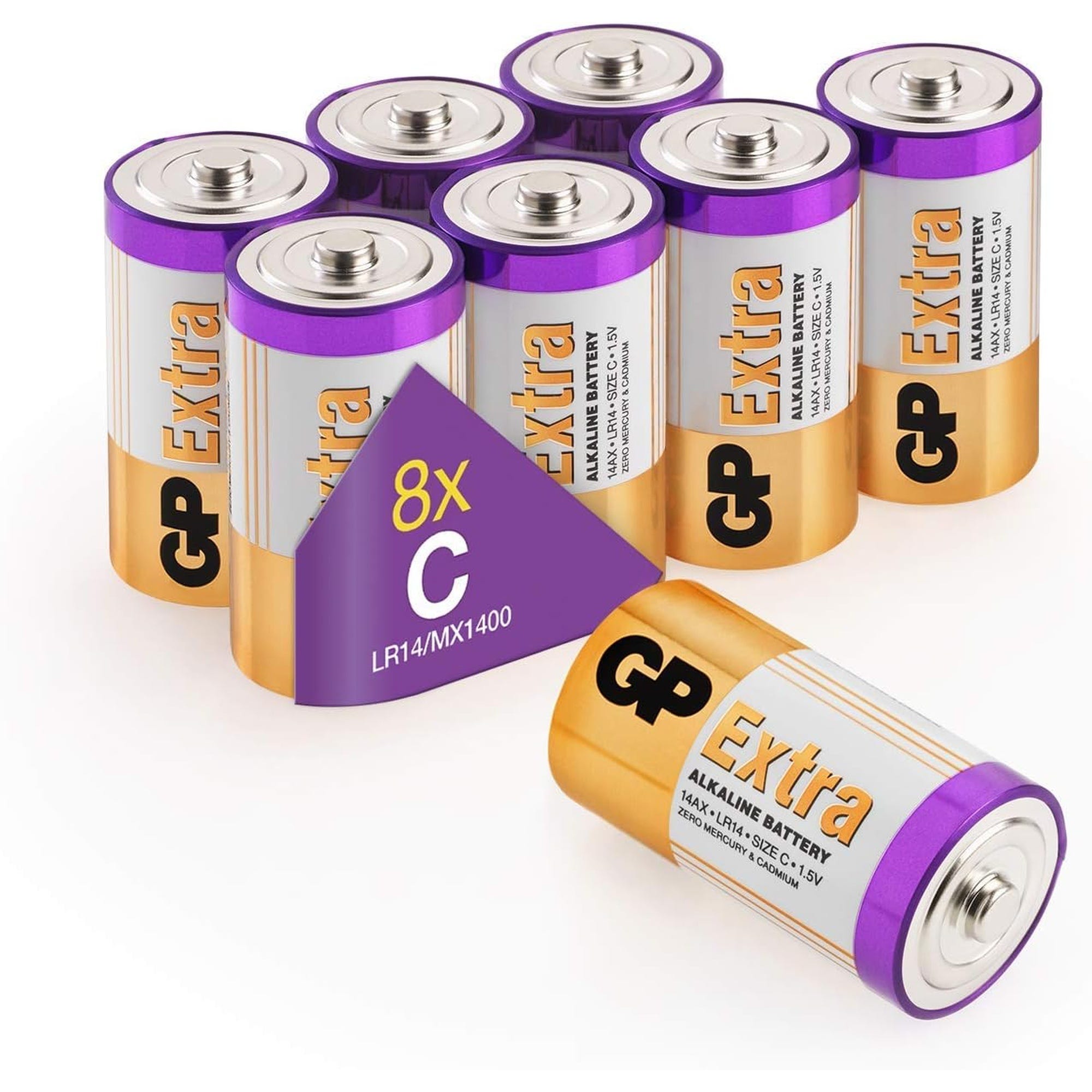Piles C - Lot de 8 Piles, GP Extra, Batteries Alcalines Type C Baby lr14  1,5v, Longue durée, très puissantes, utilisation quotidienne