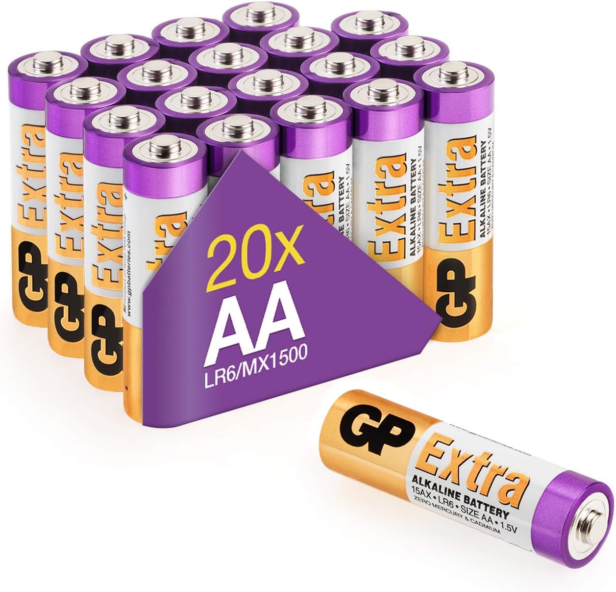 Piles AA - Lot de 20 Piles, GP Extra, Batteries Alcalines AA LR6  1,5v, Longue durée, très puissantes, utilisation quotidienne