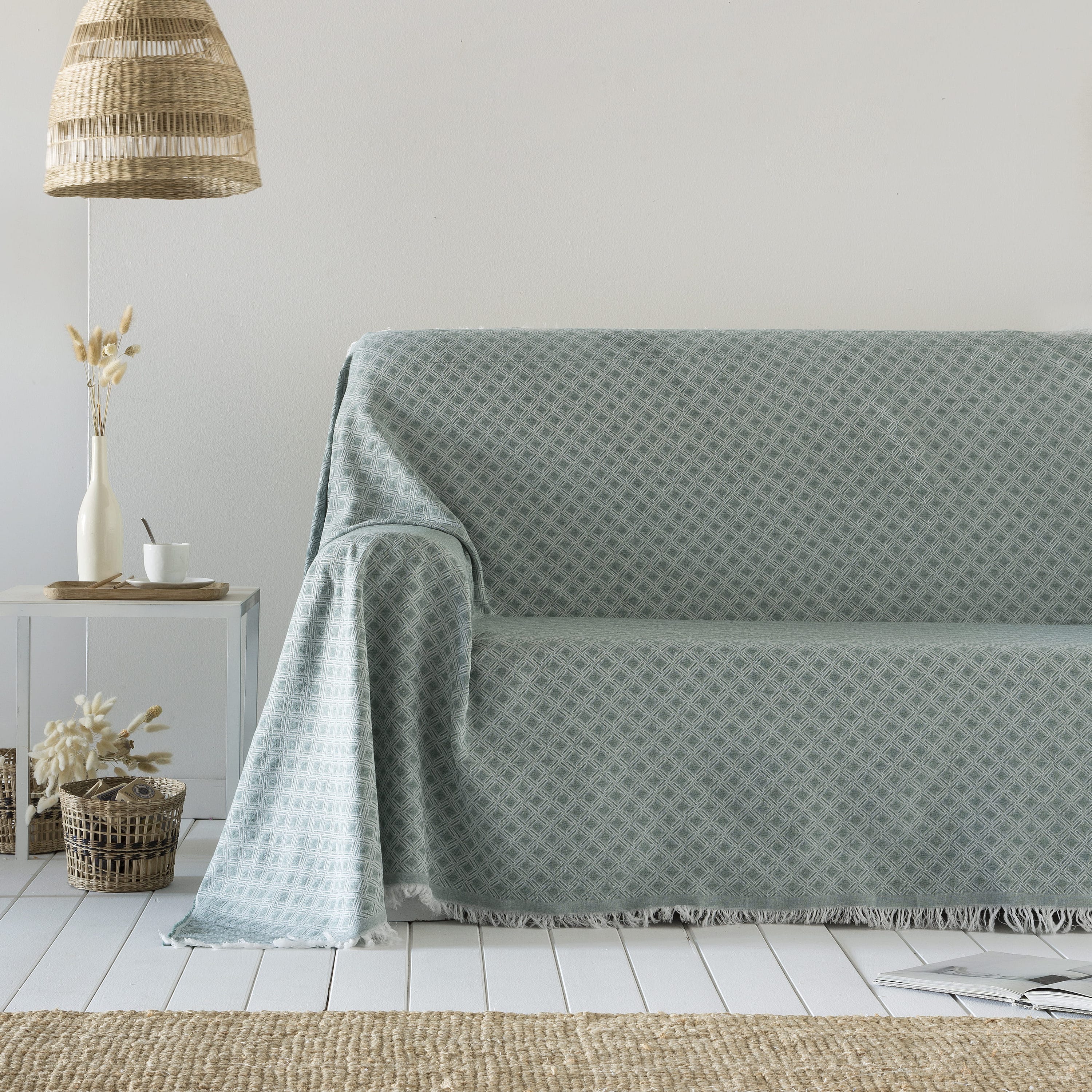 Coperta multiuso in cotone Anna Verde 250x290 cm, plaid per letto,  Copriletto, copridivano, foulard per divano, copertura per divano