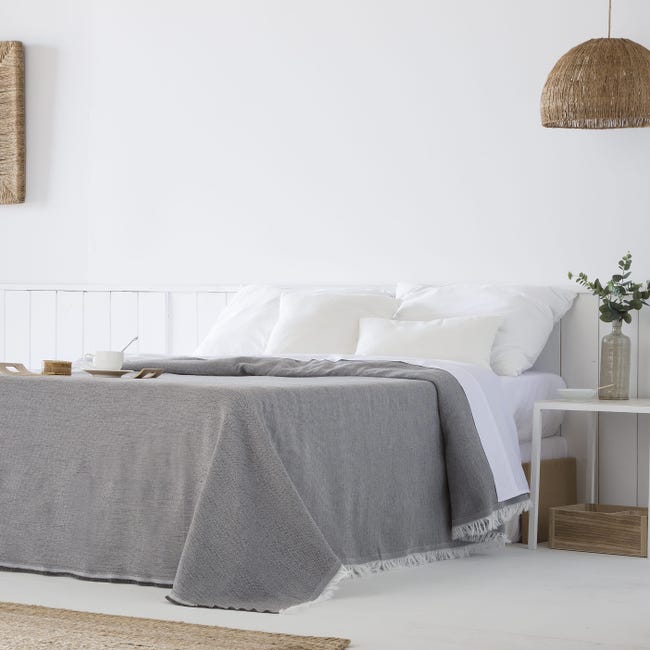 Colcha multiusos algodón Anna Gris 180x290 cm, plaid cama, cubrecama,  jarapa sofá, foulard sofá, cubresofá