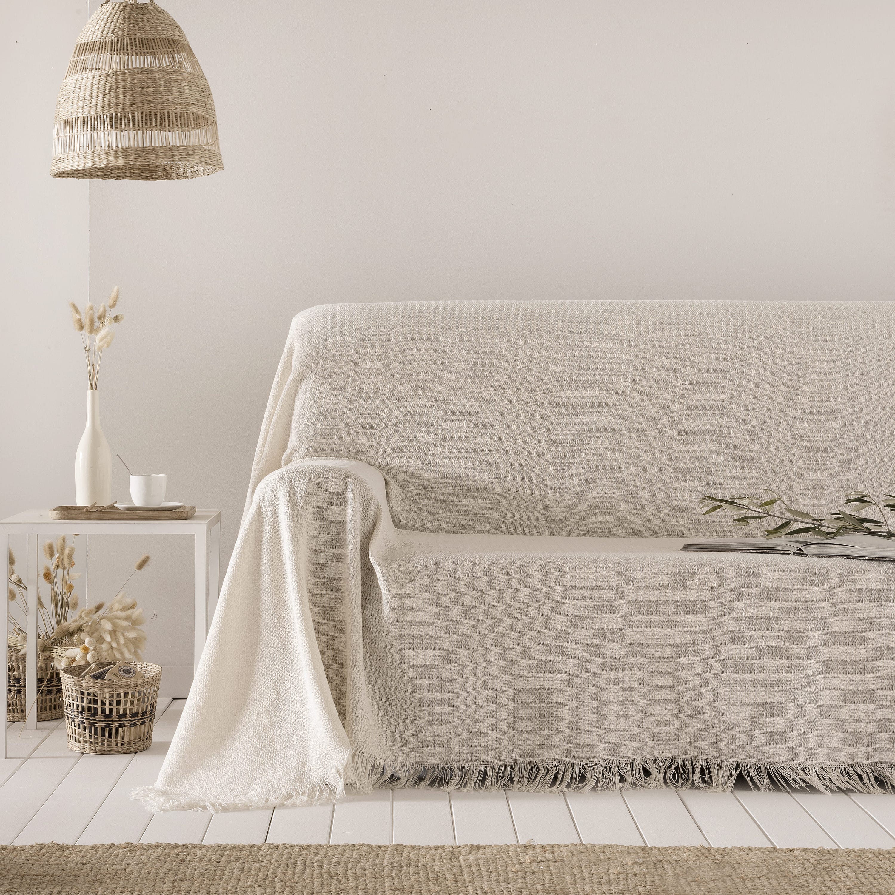 Coperta multiuso in cotone Ferd Crudo 230x260 cm, plaid per letto,  Copriletto, copridivano, foulard per divano, copertura per divano