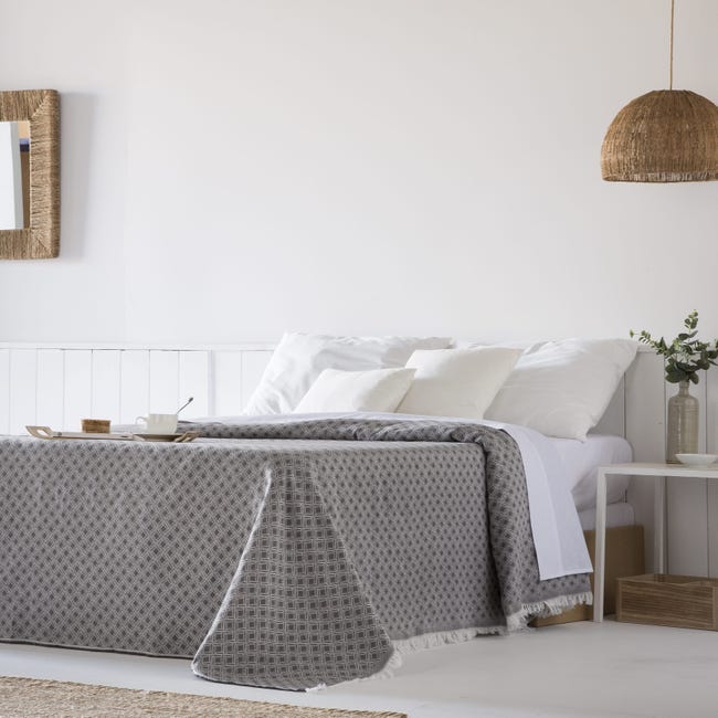 Coperta multiuso in cotone Anna Grigio 250x290 cm, plaid per letto,  Copriletto, copridivano, foulard per divano, copertura per divano