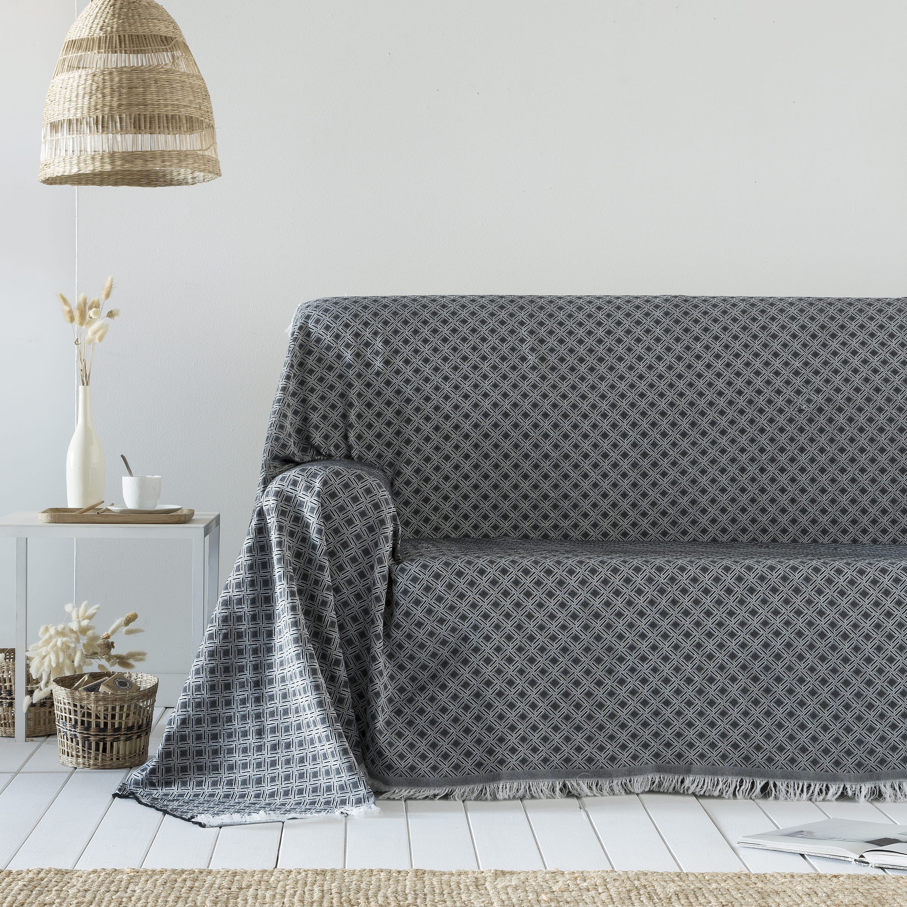 Coperta multiuso in cotone Anna Nero 250x290 cm, plaid per letto,  Copriletto, copridivano, foulard per divano, copertura per divano