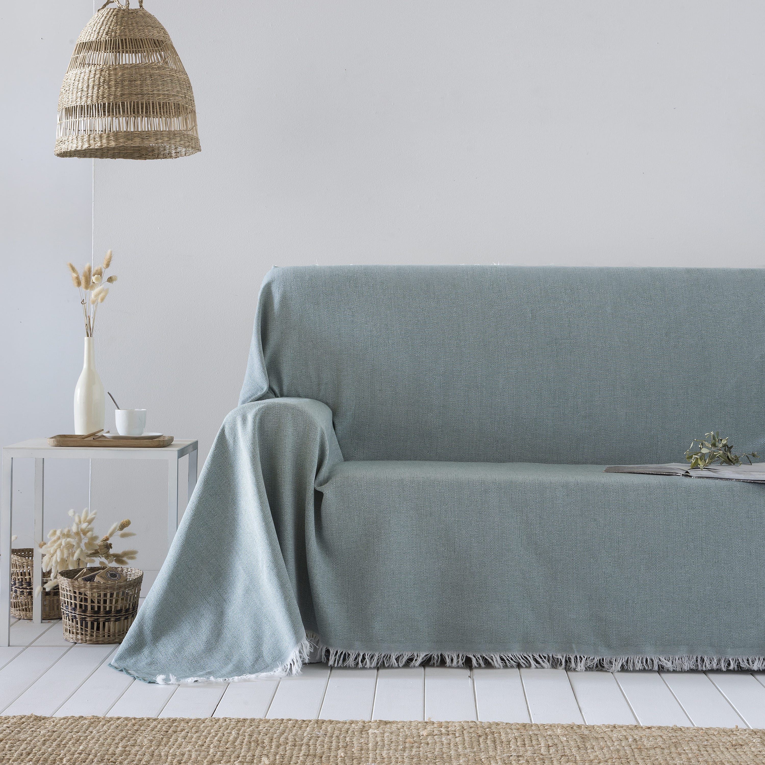 Coperta multiuso in cotone Summy Verde 180x290 cm, plaid per letto,  Copriletto, copridivano, foulard per divano, copertura per divano