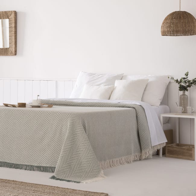 Colcha multiusos algodón Betty Verde 180x260 cm, plaid cama, cubrecama,  jarapa sofá, foulard sofá, cubresofá