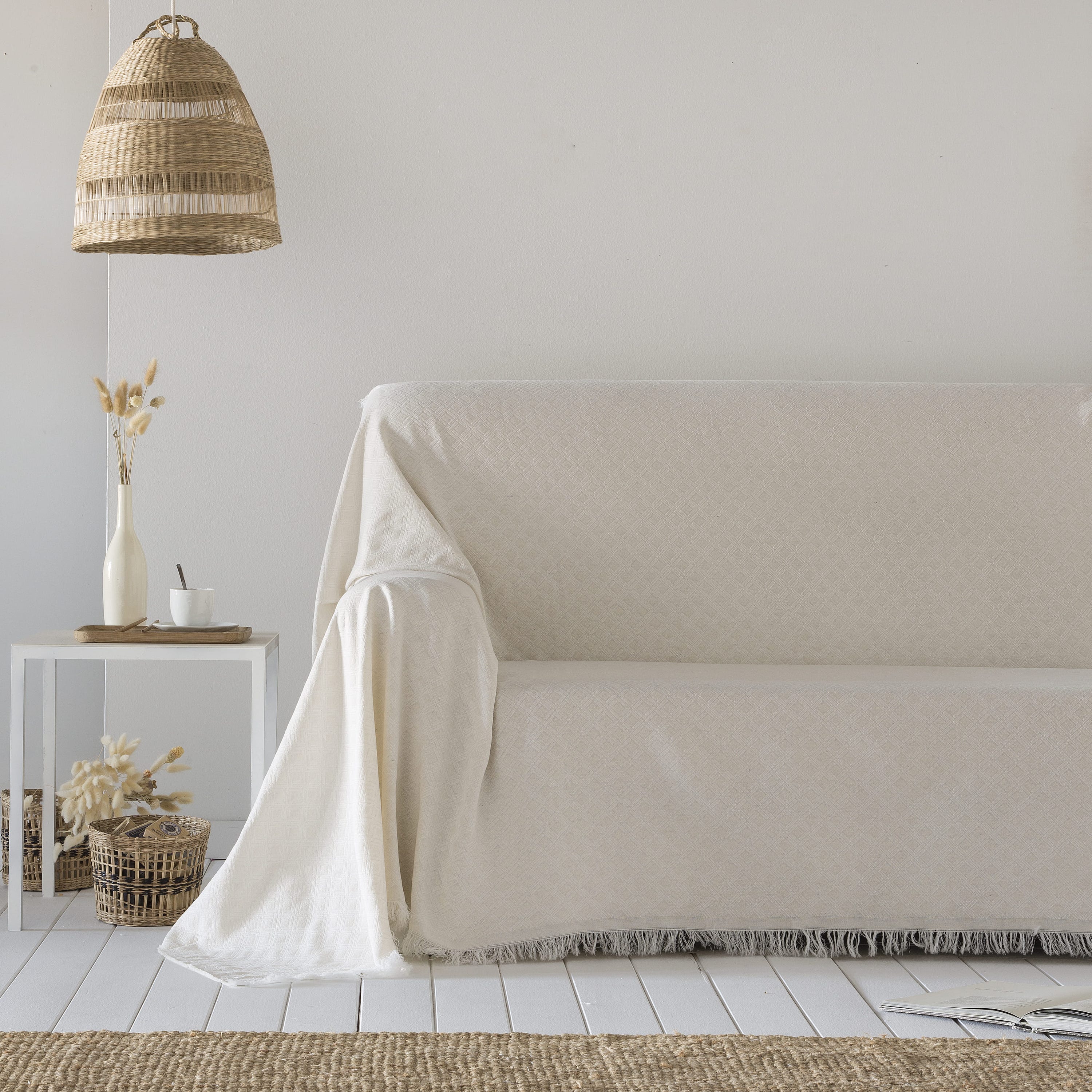 Coperta multiuso in cotone Anna Crudo 230x290 cm, plaid per letto,  Copriletto, copridivano, foulard per divano, copertura per divano