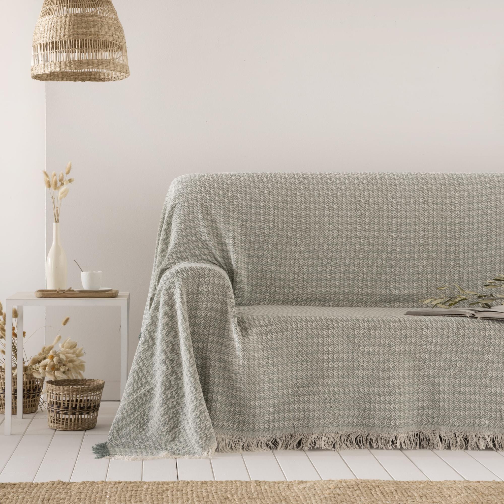 Coperta multiuso in cotone Ferd Verde 180x260 cm, plaid per letto,  Copriletto, copridivano, foulard per divano, copertura per divano