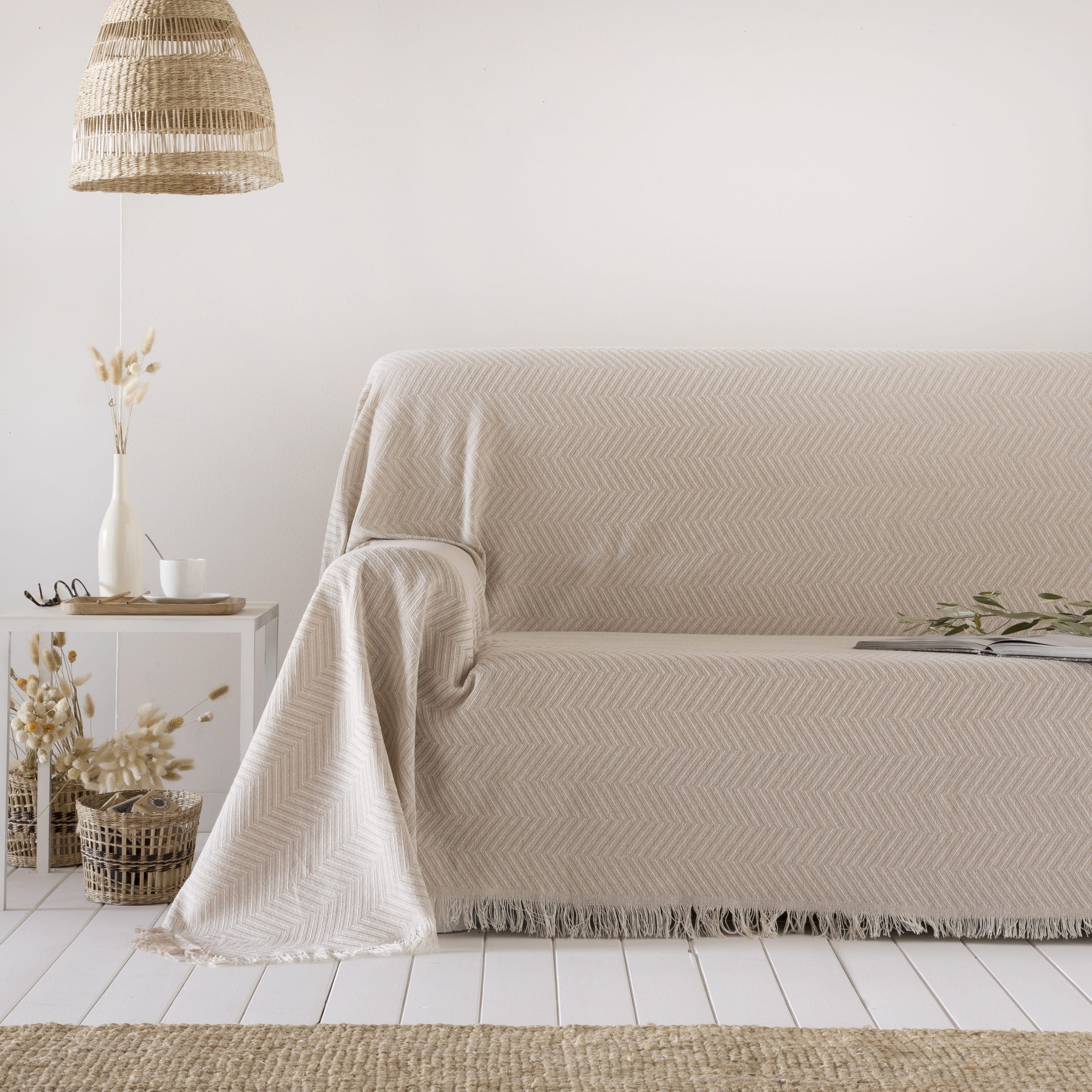 Colcha multiusos algodón Betty Beige 230x260 cm, plaid cama, cubrecama,  jarapa sofá, foulard sofá, cubresofá