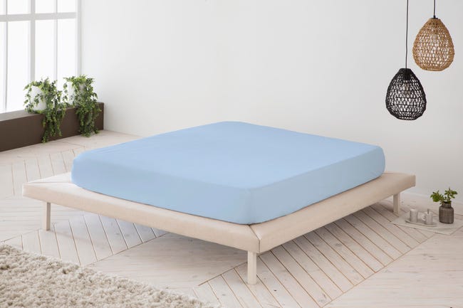 Sábana bajera ajustable lisa Celeste cama 90 cm - 90x190/200 cm, 100%  algodón.