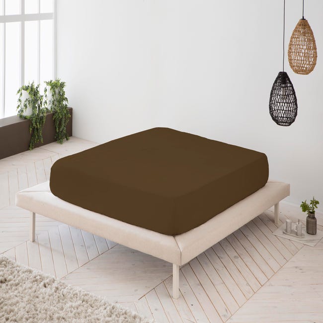 Sábana bajera ajustable lisa Chocolate cama 160 cm - 160x190/200 cm, 100%  algodón.