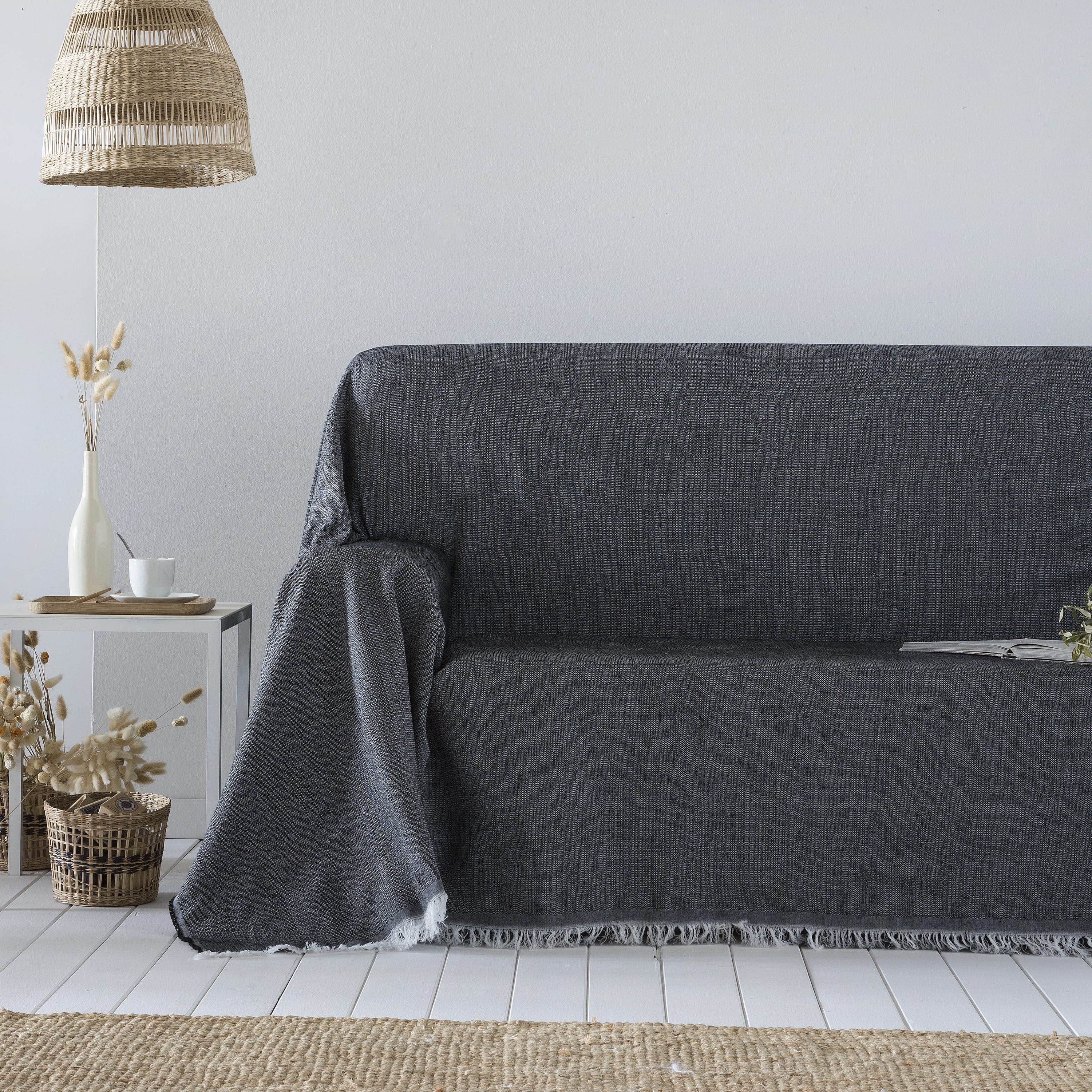 Coperta multiuso in cotone Summy Nero 250x290 cm, plaid per letto,  Copriletto, copridivano, foulard per divano, copertura per divano