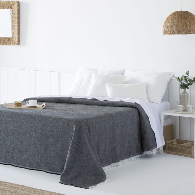 Colcha multiusos algodón Summy Negro 250x290 cm, plaid cama, cubrecama,  jarapa sofá, foulard sofá, cubresofá