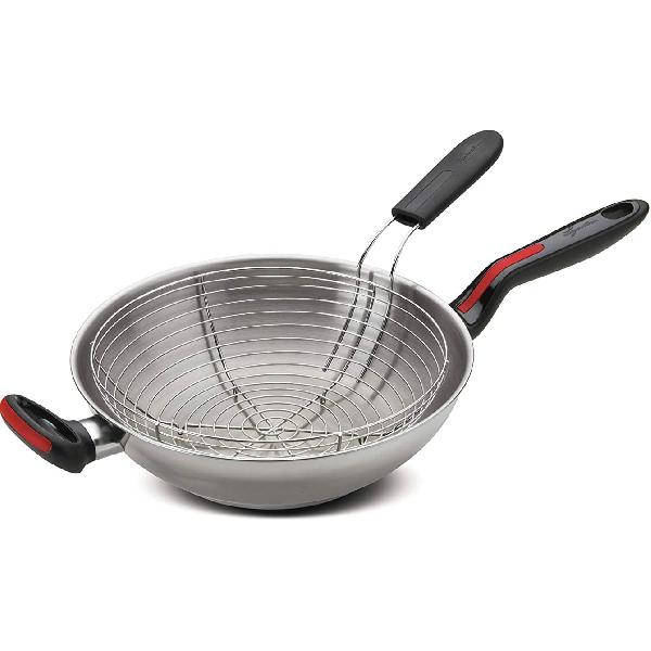 Lagostina 10248042028 Padella in Acciaio Inox Wok 2 Manici Diametro 28 cm +  Cestello per Frittura