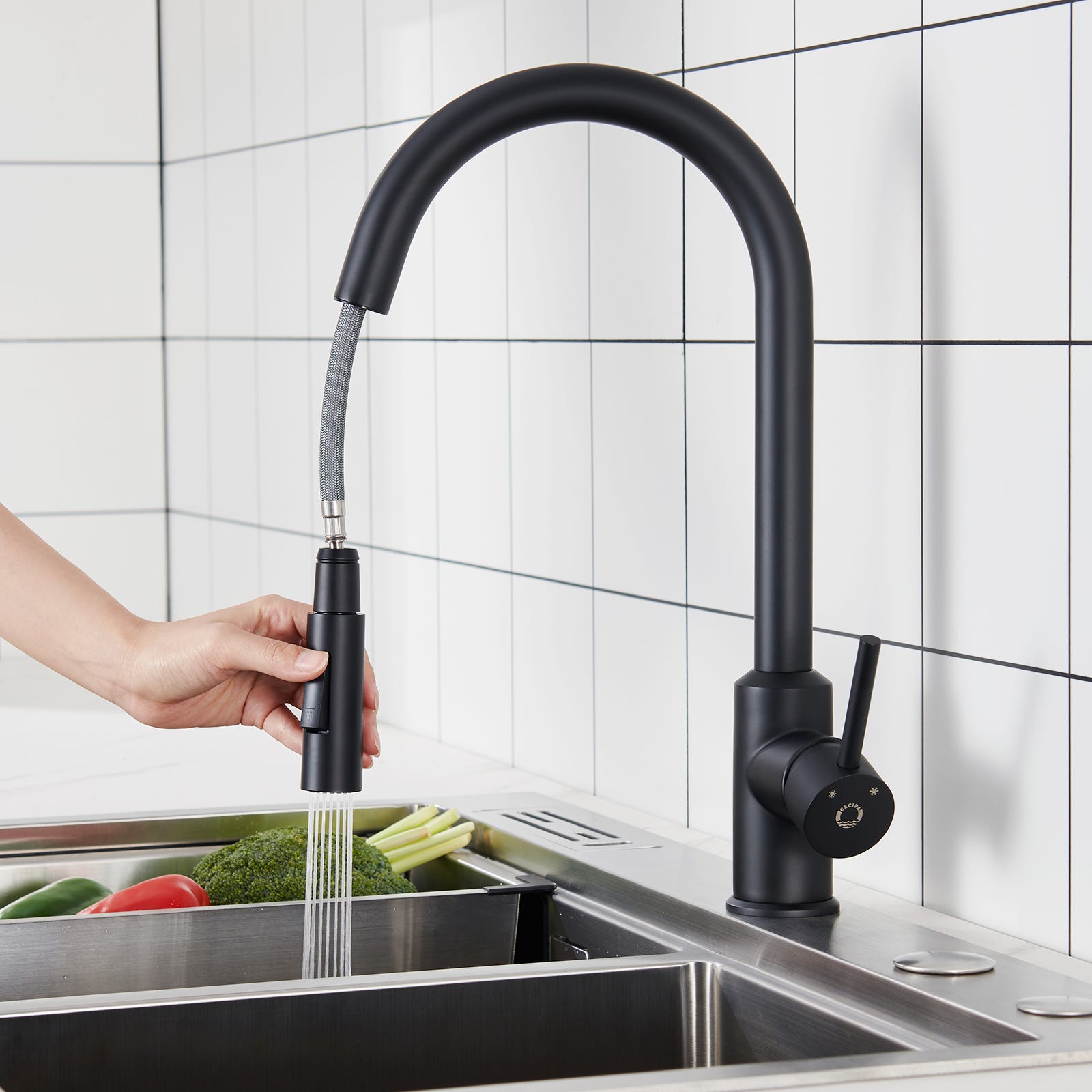 Mitigeur de cuisine flexible double robinets, noir