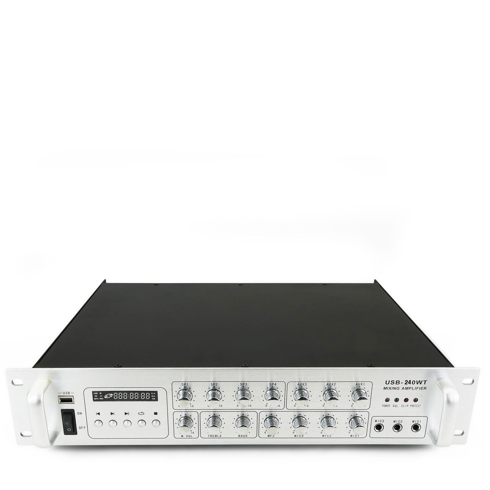 Amplificador de sonido profesional formato rack de 240 W 110 V con 4 zonas,  AUX, MIC y MP3