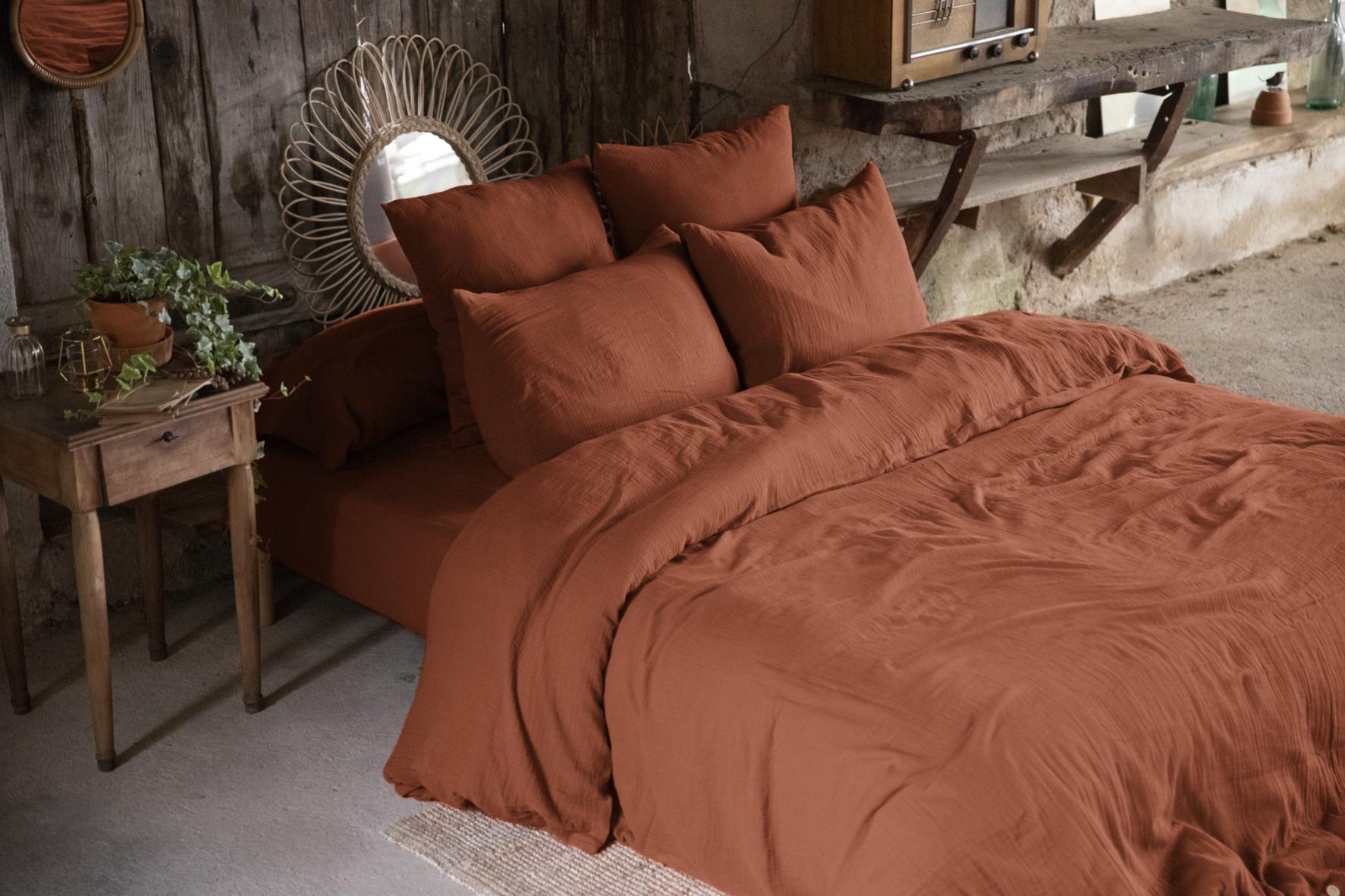 Housse de couette Double Gaze Coton Gaia Terracotta 260x240cm | Leroy