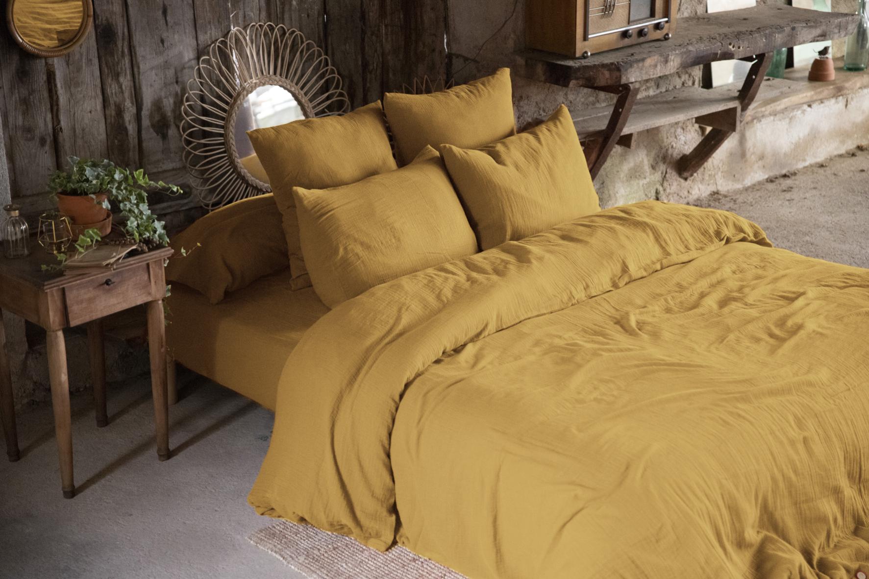 Housse de couette Double Gaze Coton Gaia Safran 260x240cm | Leroy Merlin
