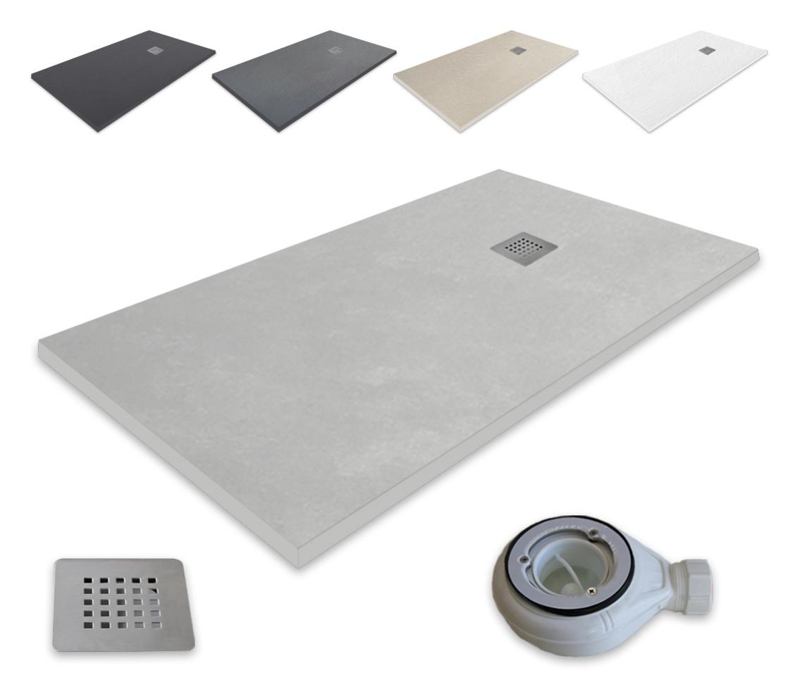 Plato de ducha resina extraplano outletaseo® - antideslizante textura pizarra -【100x90 cm, gris cemento ral-7036】 - incluye válvula desagüe+rejilla -