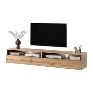 Meuble TV - REDNAW - 300 cm - chêne wotan / gris brillant - avec LED