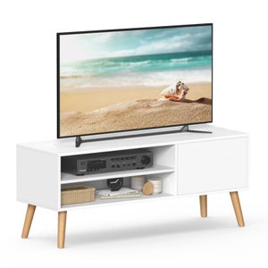 Meuble TV 2 Portes, Support Télé avec Étagères Réglables, Longueur 140 cm,  Blanc