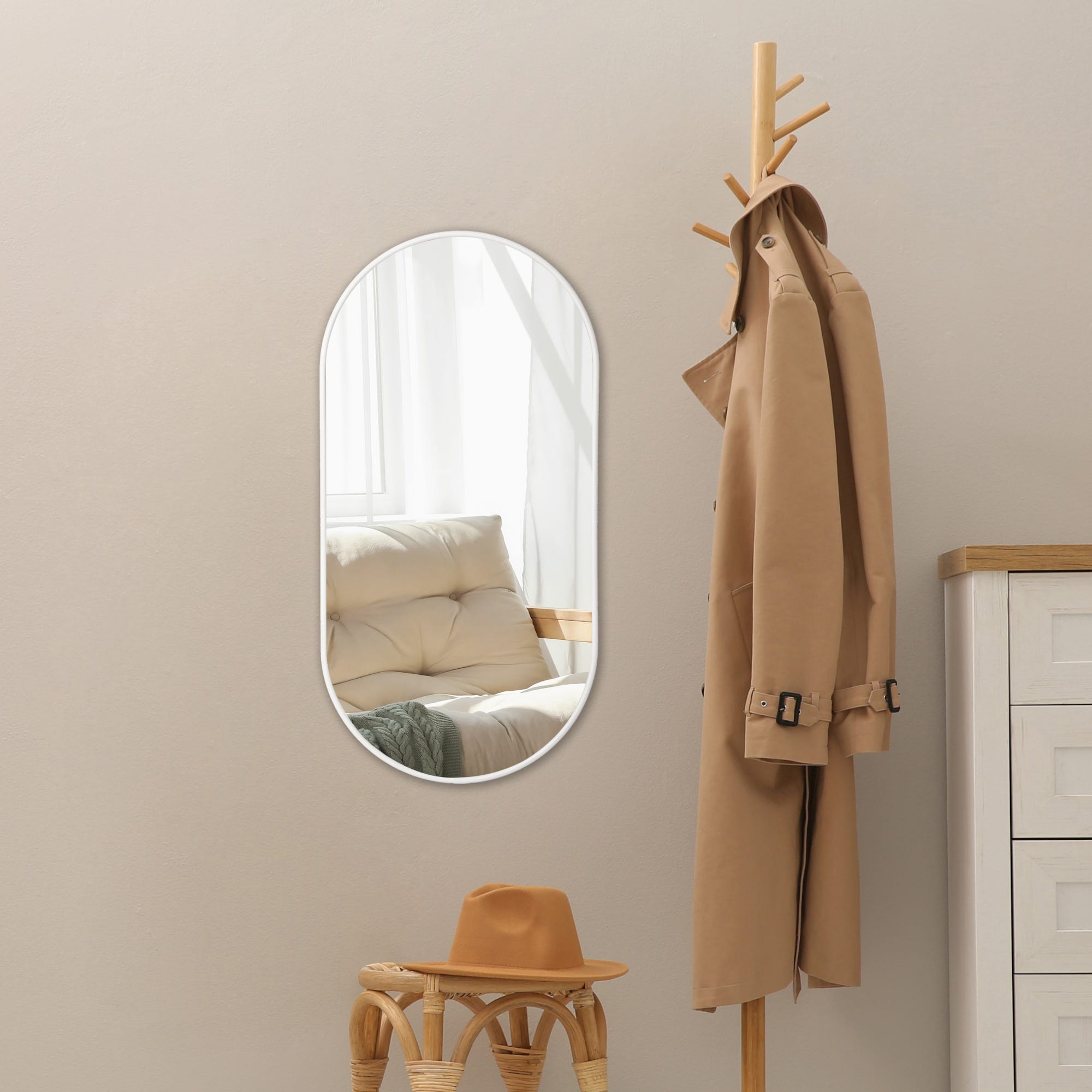 Specchio Ovale da Parete 30 x 60 cm Specchio Bagno con Fissaggio Verticale  o Orizzontale Specchio con Cornice in Alluminio - Bianco opaco [en.casa]