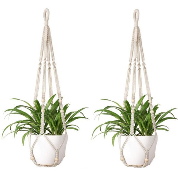 Macrame plante cintre pour plantes d'intérieur 2 pièces, bois perles  pendaison panier, bohème décoration de la maison, 35 pouces, blanc