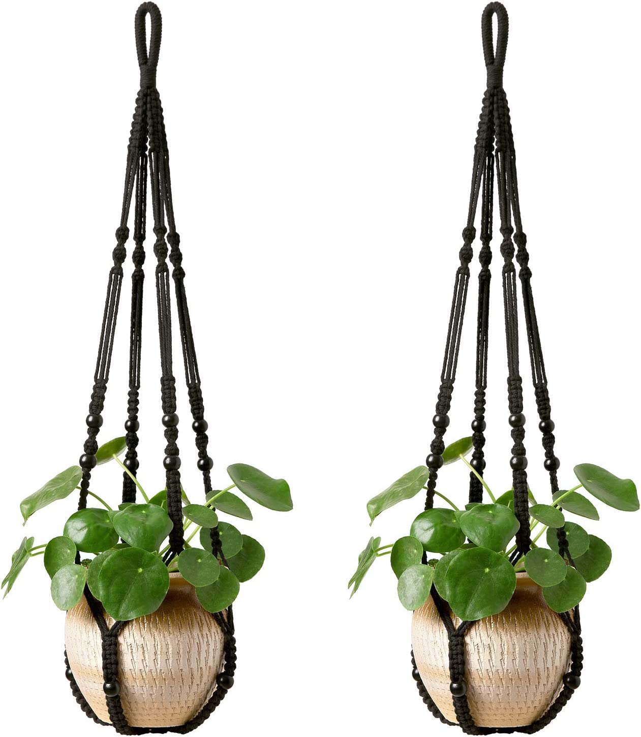 Lot de 2 suspensions en macramé pour plantes d'intérieur, panier suspendu  avec perles en bois, 35 pouces, noir