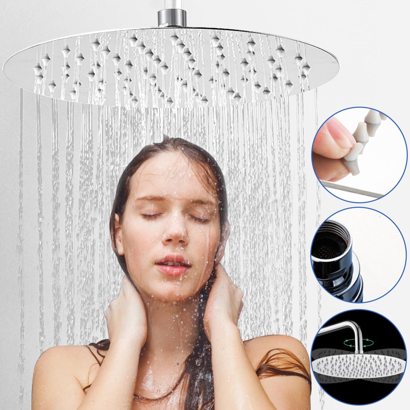Pommeau De Douche Pluie Haute Pression 15 Cm | Tête De Douche Anti-Calcaire Autonettoyante | Silicone + Laiton 360° - JINYOMFLY