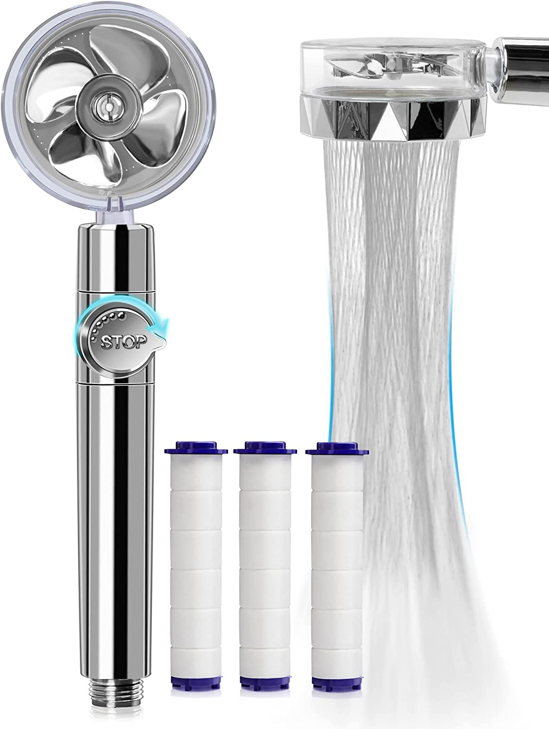 Kiyaosoka Pommeau de douche haute pression avec ventilateur turbo rotatif à  360 degrés, pommeau de douche hydrojet avec 3 filtres turbocompressé